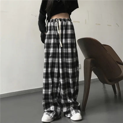 Black Checkered Wide Leg Pants High Waist Streetwear
