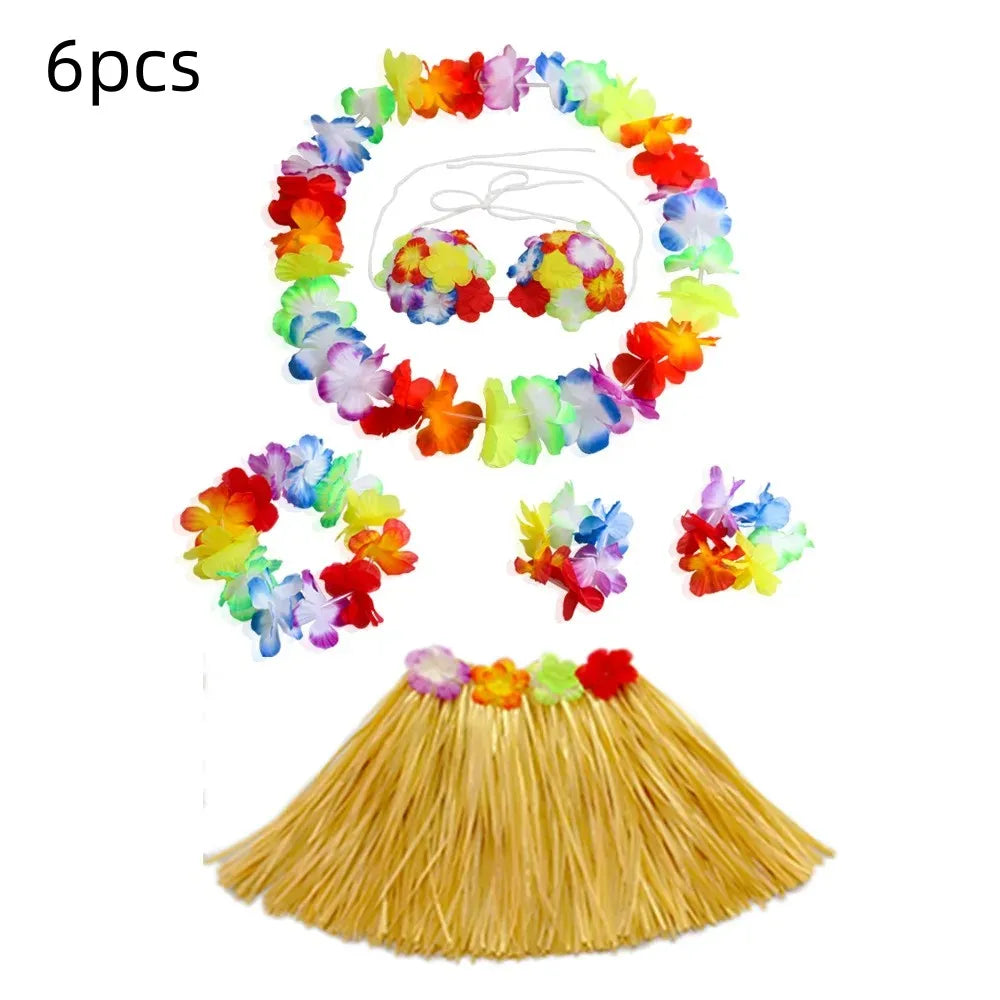 Hawaiian Luau Costume Set with Grass Skirt & Flower Leis