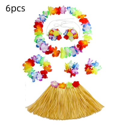 Hawaiian Luau Costume Set with Grass Skirt & Flower Leis