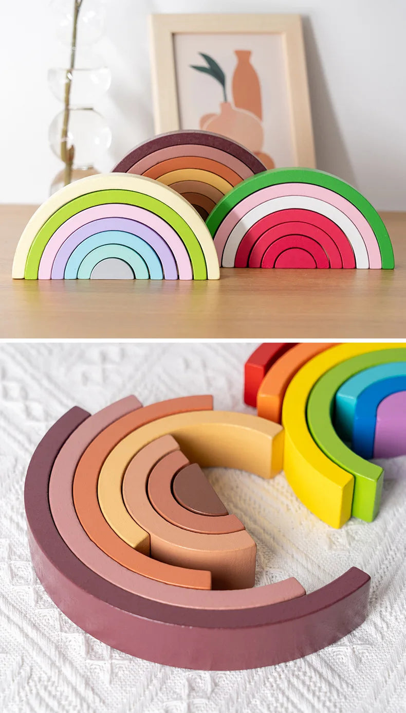 Rainbow Wooden Building Blocks Montessori Stacking Toy