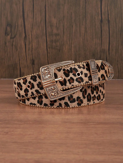 1pc Men Leopard Vintage Engraved Metal Buckle Pearl Edged Jeans Belt, Versatile For Casual Wear Halloween