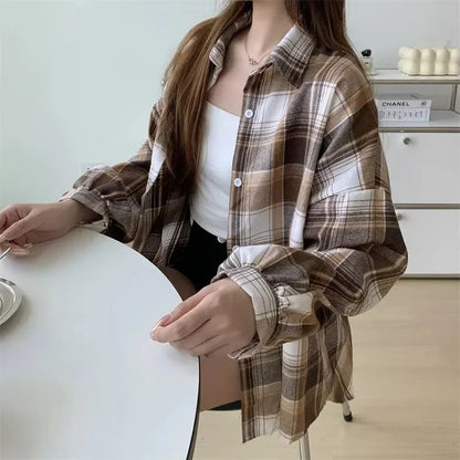 Plaid Shirt Women Long Sleeve Loose Check Button Down Blouse