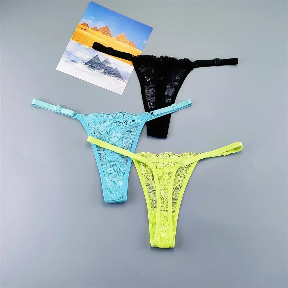 Women's Lace Thong Panties 3PCS Adjustable Low Rise Set