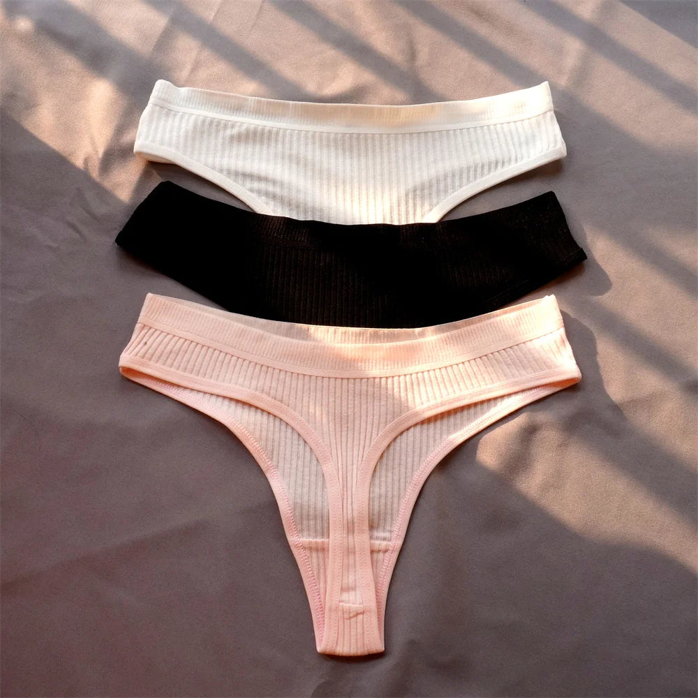 Cotton Ribbed Thong 3PCS Women's Seamless Low Rise G String