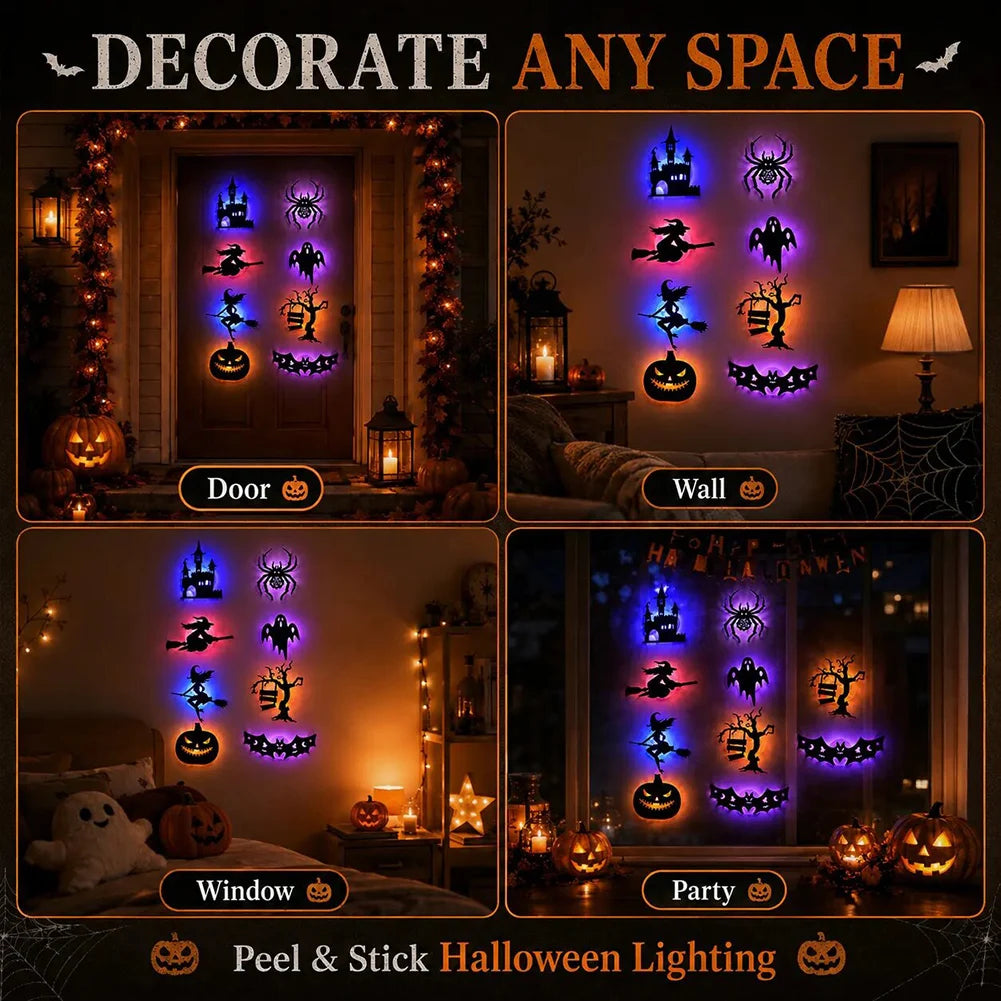 8pcs Halloween LED-Silhouette Wall Light Stickers Glow-In-The-Dark Bats Spiders Wall Decor Spookys Pumpkins Spiders Tree Decor