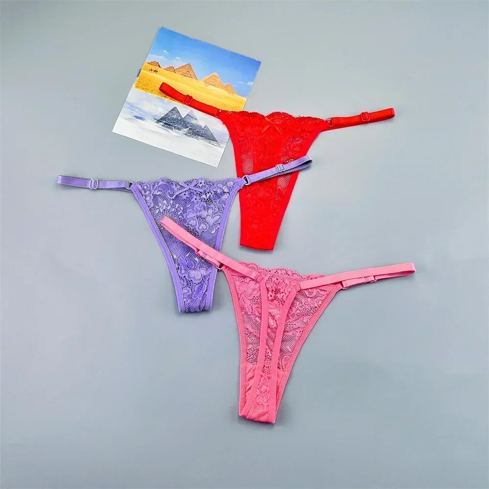 Women's Lace Thong Panties 3PCS Adjustable Low Rise Set