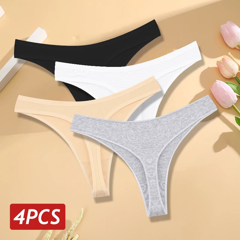 Women's Cotton Thong Panties 4PCS Seamless Low Rise Set