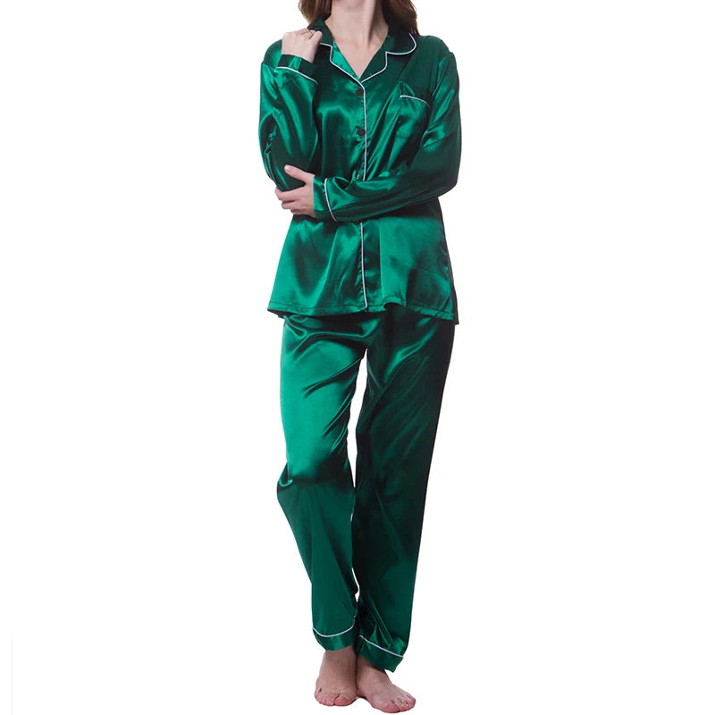 Women's Satin Pajama Set Long Sleeve Button Up Loungewear