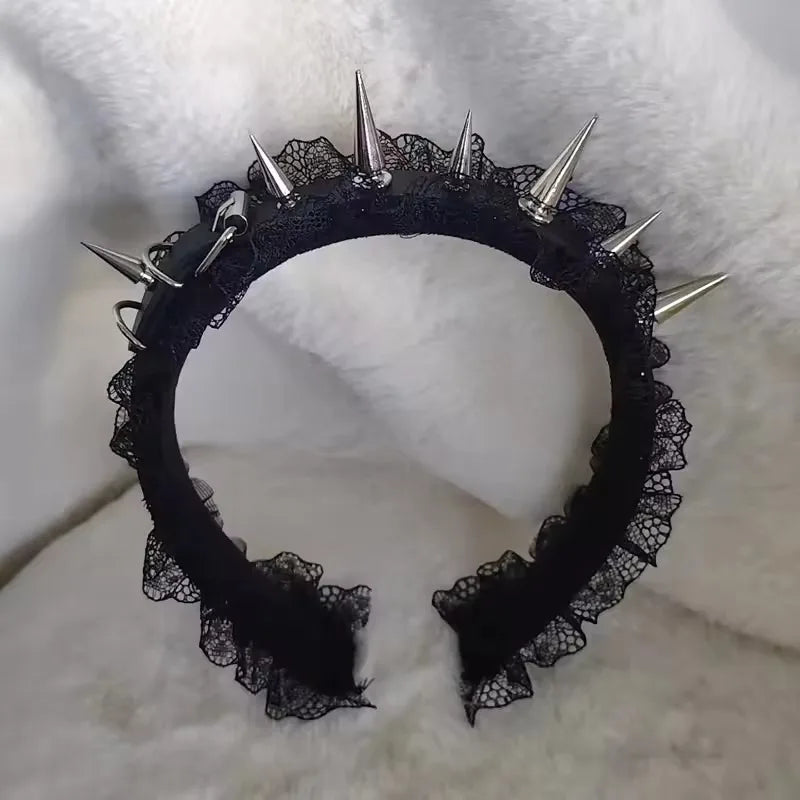 Gothic Punk Lace Headband – Black Studded Statement Hair Accessory