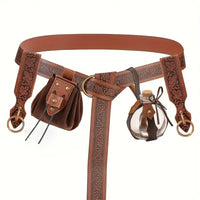 1/6PCS Medieval Belt Cosplay Elf Leaf Embossed Retro Leather Belt With Potion Glass Magic Bottle Viking Knight Halloween Belt