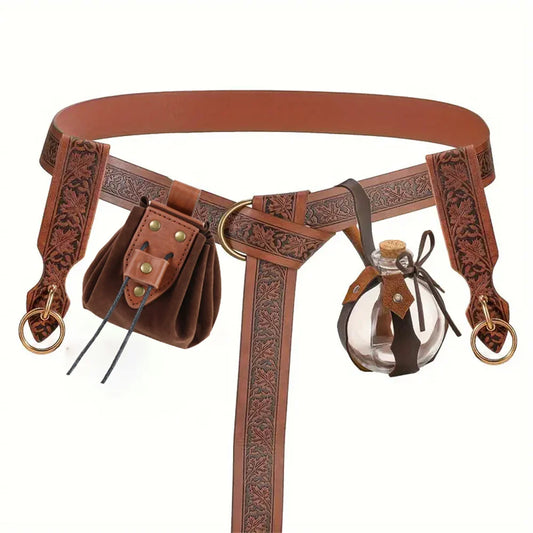 1/6PCS Medieval Belt Cosplay Elf Leaf Embossed Retro Leather Belt With Potion Glass Magic Bottle Viking Knight Halloween Belt