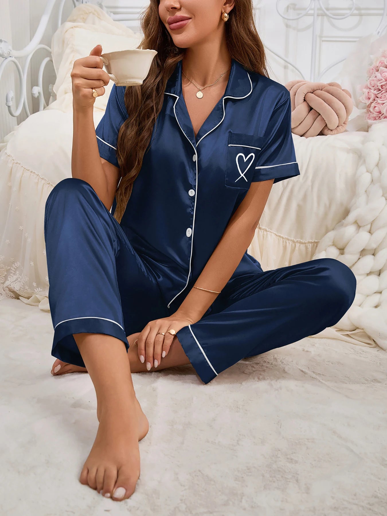 Women's Satin Pajama Set Long Sleeve Button Up Loungewear