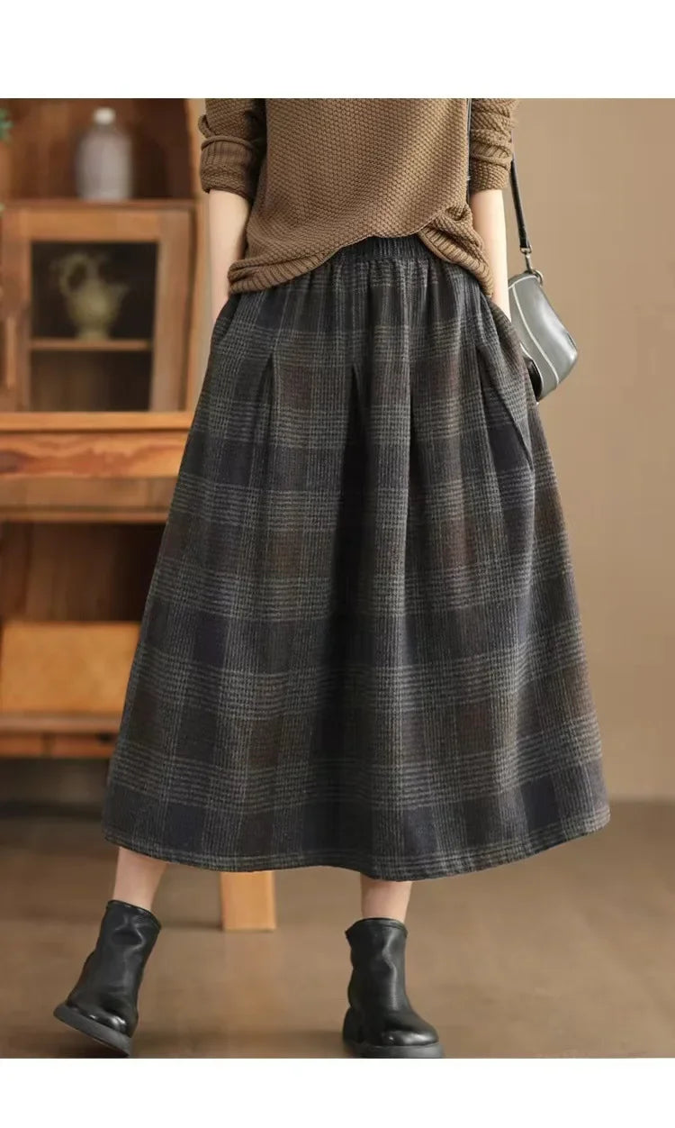Women's Woolen Skirt 10% Wool Plaid A-Line Mid Length Winter Skirt