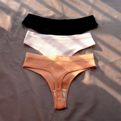 Cotton Ribbed Thong 3PCS Women's Seamless Low Rise G String