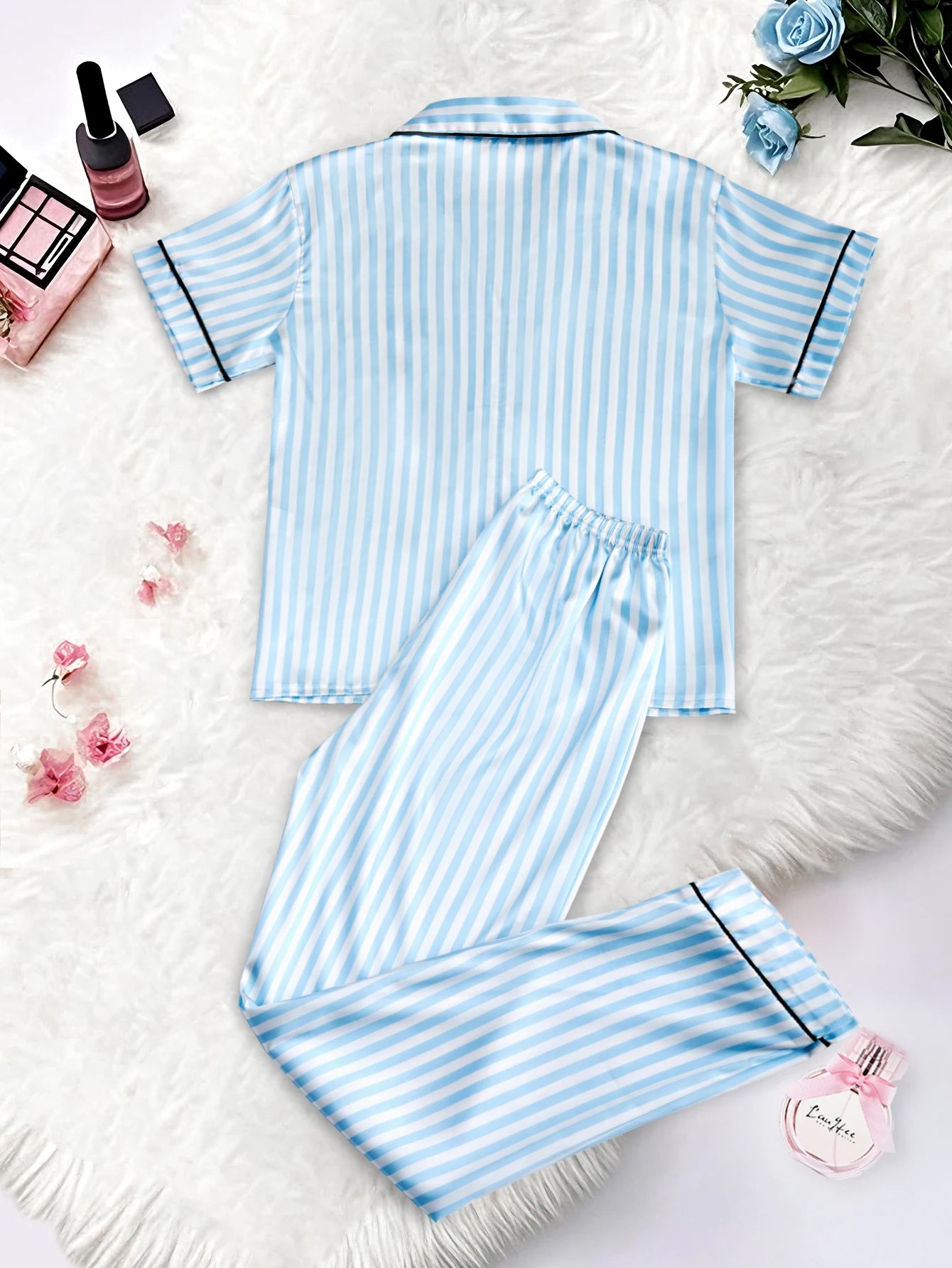 Women's Satin Pajama Set Short Sleeve Striped Sleepwear with Pockets
