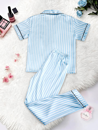 Women's Satin Pajama Set Short Sleeve Striped Sleepwear with Pockets