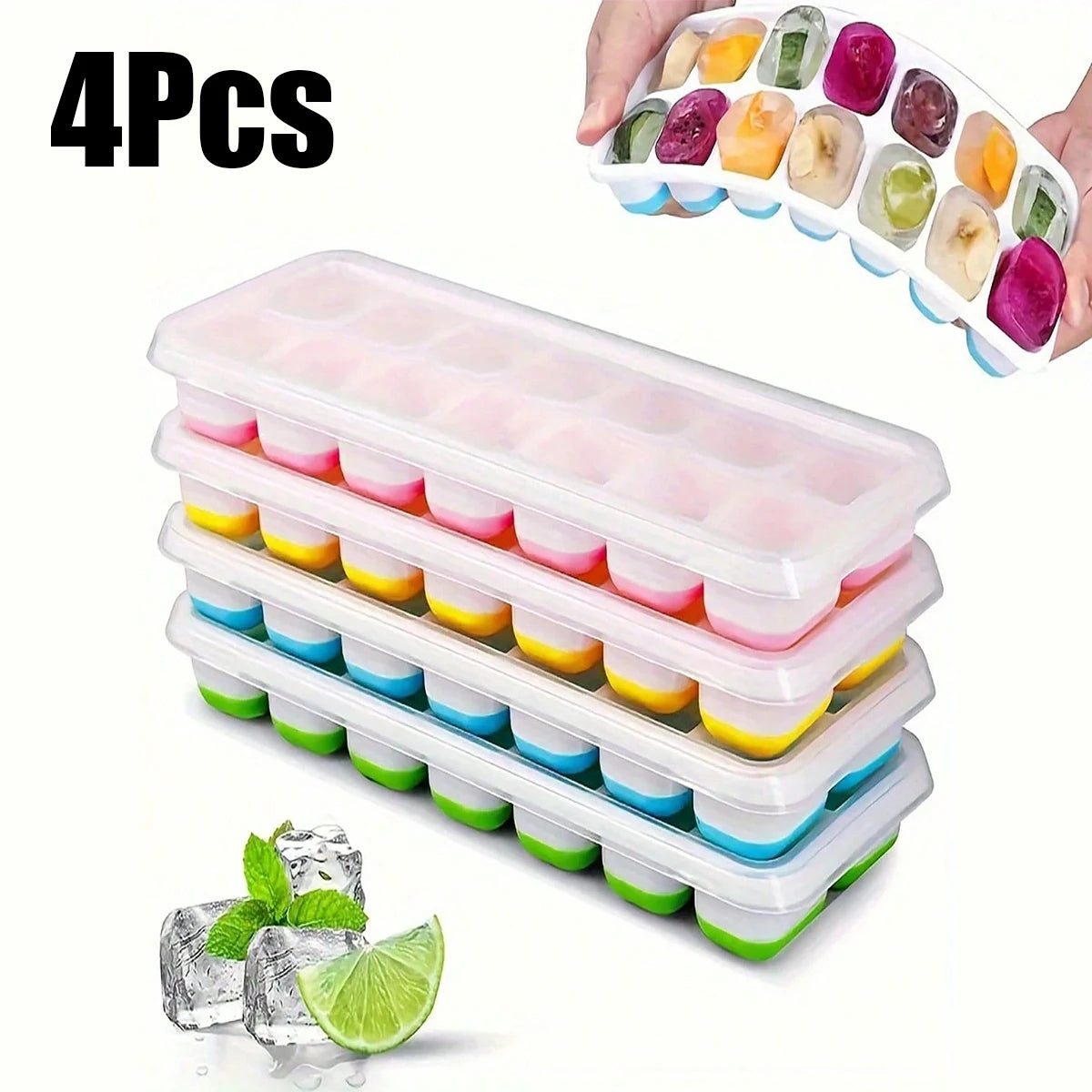 4-Pack Ice Cube Mold Set with Lids – 14-Compartment Silicone Ice Trays