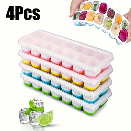 4-Pack Ice Cube Mold Set with Lids – 14-Compartment Silicone Ice Trays