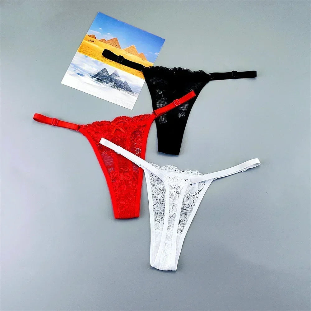Women's Lace Thong Panties 3PCS Adjustable Low Rise Set