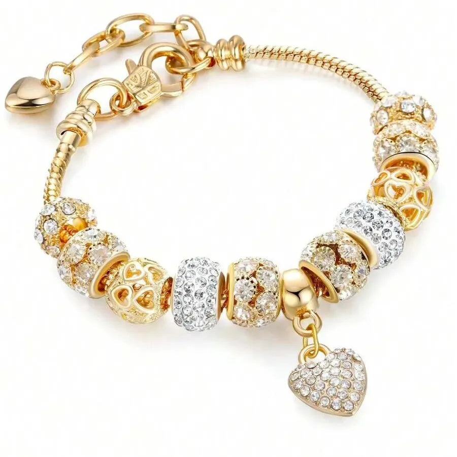 Heart Charm Bracelet – Crystal Flower Adjustable Bead Bracelet