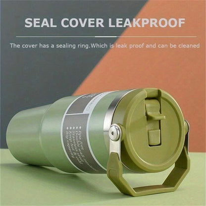 A portable stainless steel tumbler with a convenient handle for travel, work, commuting, and everyday hydration.