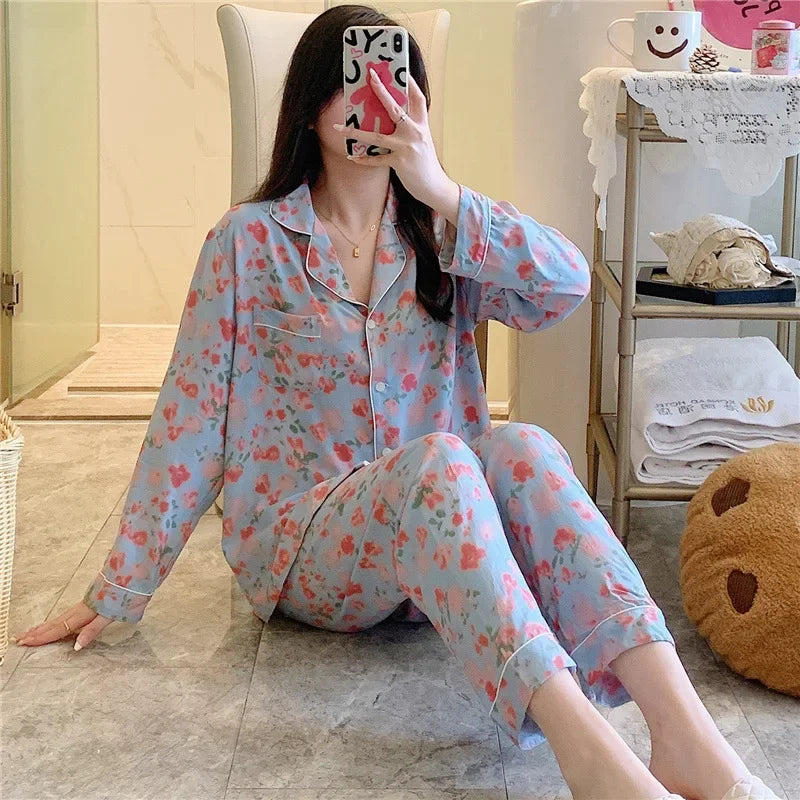 Women's Floral Pajama Set 2 Piece Viscose Long Sleeve Sleepwear