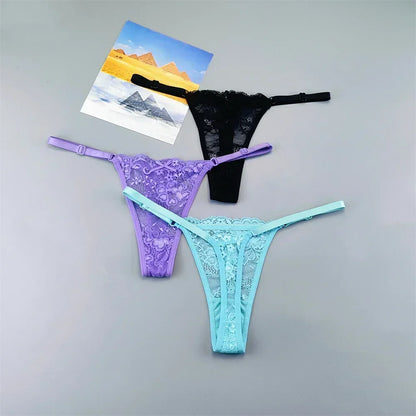 Women's Lace Thong Panties 3PCS Adjustable Low Rise Set