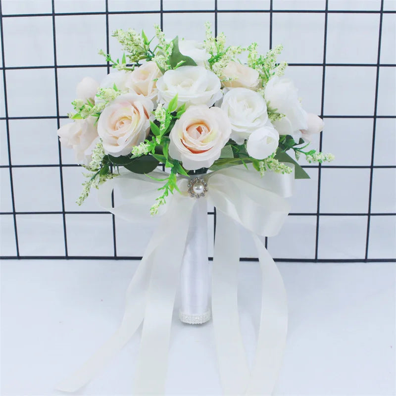 White Rose Wedding Bouquet – Handmade Silk Bridal Flowers