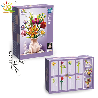 HUIQIBAO MOC Flower Model Building Blocks 3D Bouquet Plants Sunflower Rose Bricks Kits Children DIY Educational Toys Home Decor