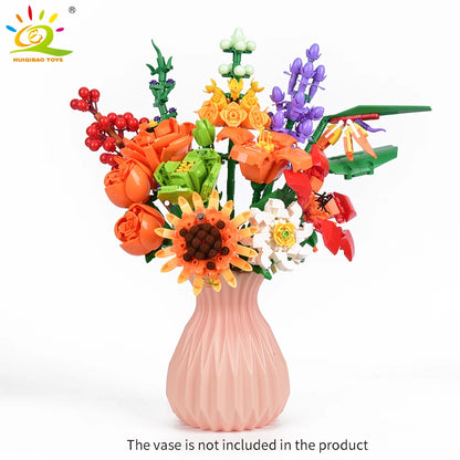 HUIQIBAO MOC Flower Model Building Blocks 3D Bouquet Plants Sunflower Rose Bricks Kits Children DIY Educational Toys Home Decor