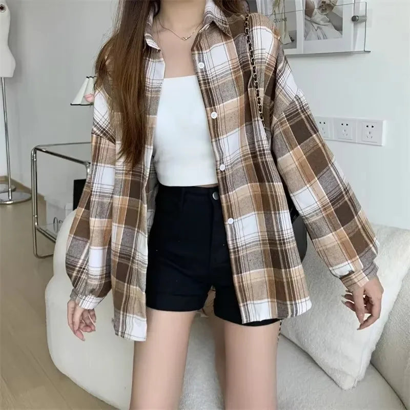 Plaid Shirt Women Long Sleeve Loose Check Button Down Blouse