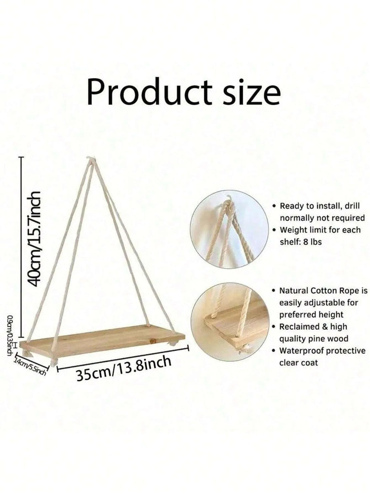 Hanging Wall Shelf, Wooden Rope Floating Shelf