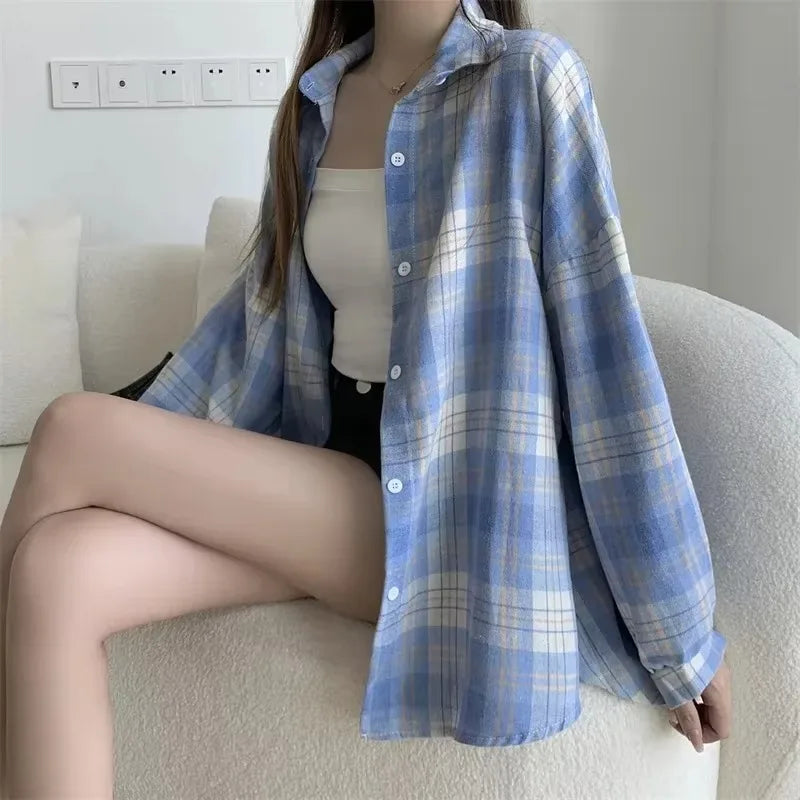 Plaid Shirt Women Long Sleeve Loose Check Button Down Blouse