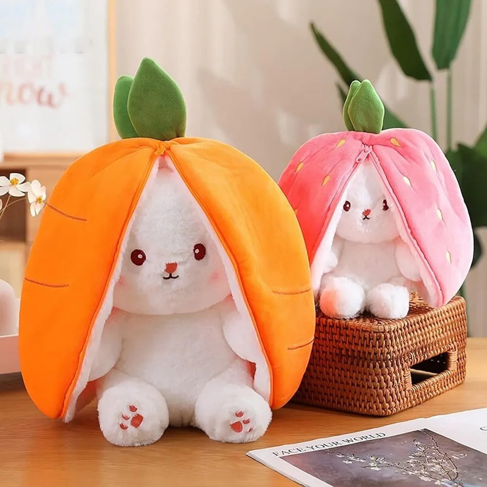 Reversible Bunny Plush Doll Pillow with Carrot Strawberry Cover