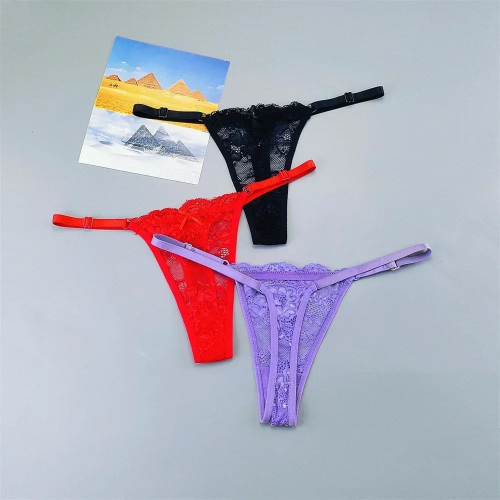 Women's Lace Thong Panties 3PCS Adjustable Low Rise Set