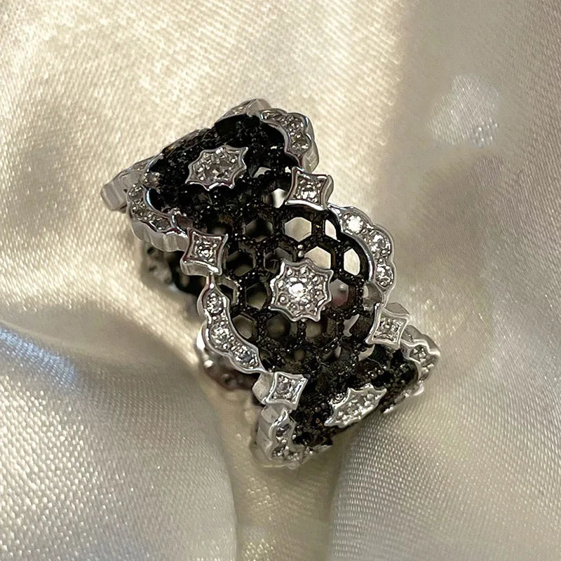 VENTFILLE  925 Sterling Silver Flower Geometry Ring For Women Girl Hollow Out Zircon Grace Wide Jewelry Gift Dropshipping