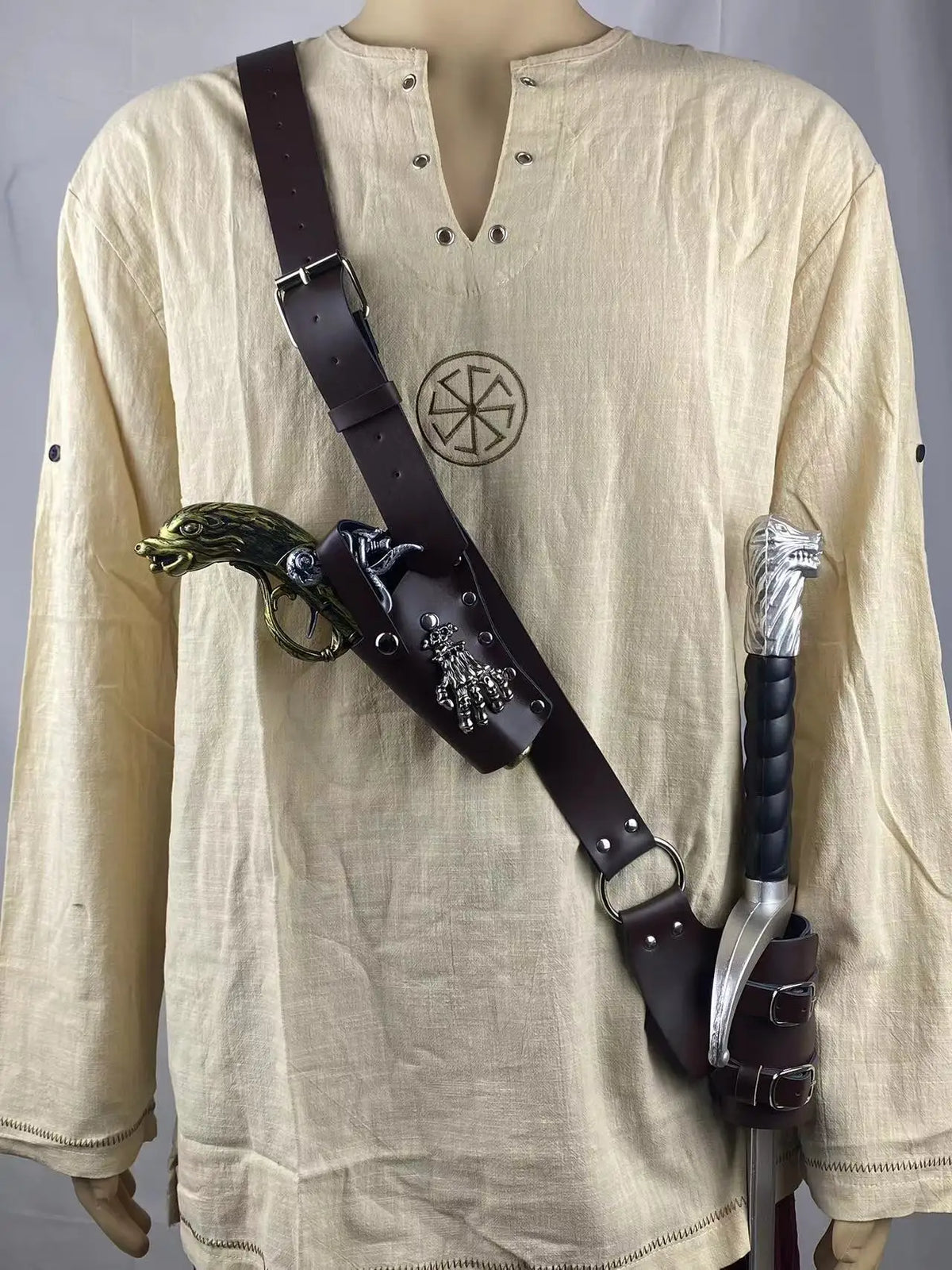 Shoulder Belt Adjustable Sword Gun Holder Sheath Scabbard Frog Leather Armor Pirate Halloween Costume Rapier Medieval Holster