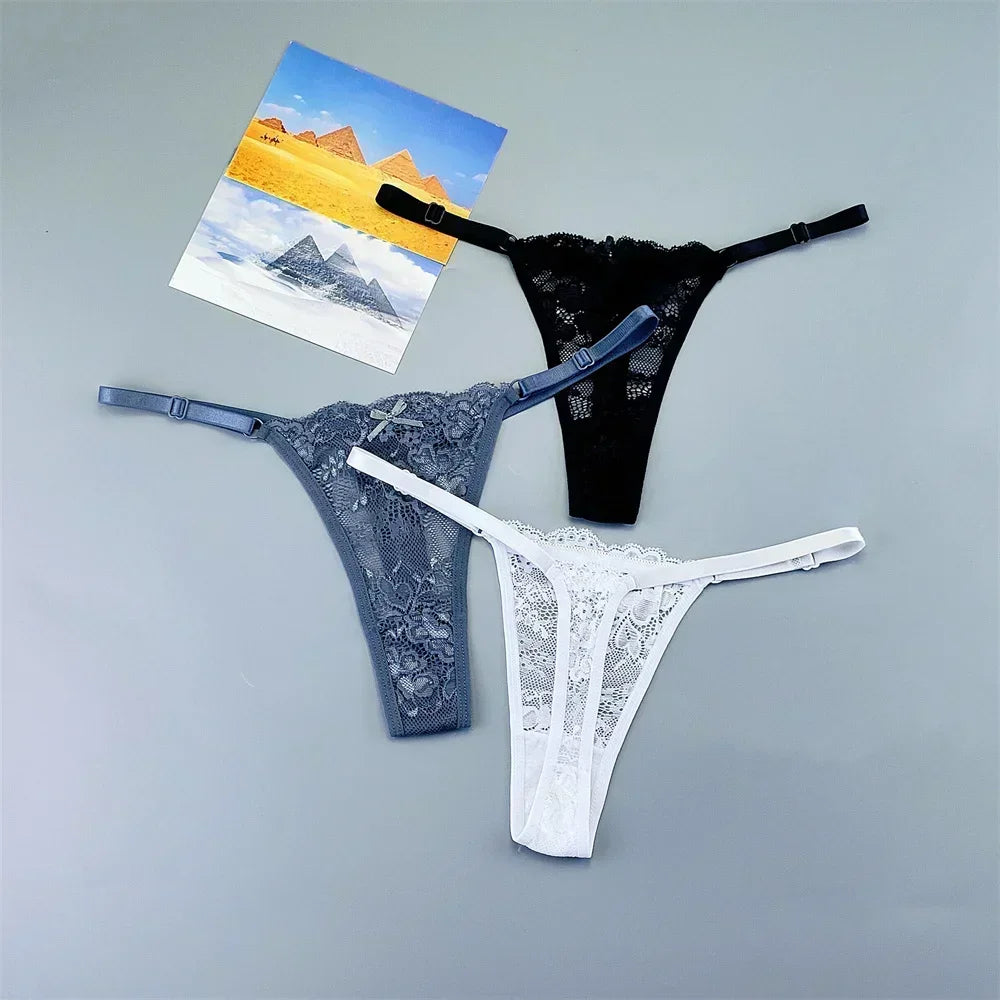 Women's Lace Thong Panties 3PCS Adjustable Low Rise Set