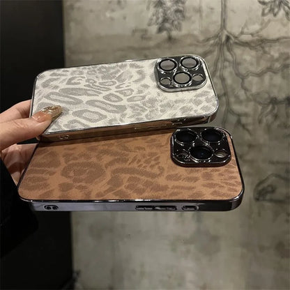 Leopard Print iPhone Case with Leather Texture & Lens Protection