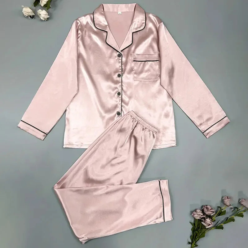 Women's Satin Pajama Set Long Sleeve Button Up Loungewear