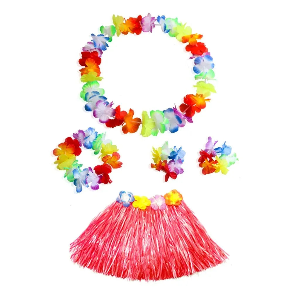 Hawaiian Luau Costume Set with Grass Skirt & Flower Leis