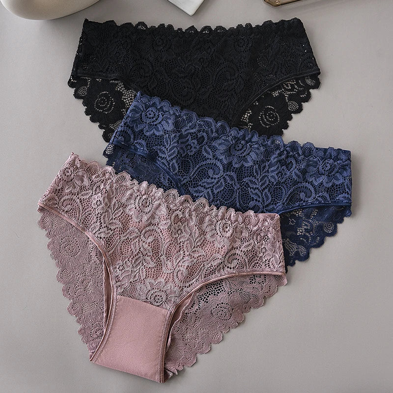 Lace Cotton Panties 3PCS Floral Embroidered Women's Briefs