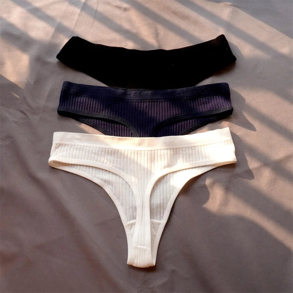 Cotton Ribbed Thong 3PCS Women's Seamless Low Rise G String