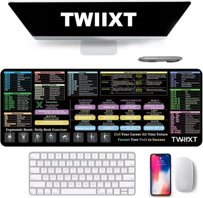 Office Excel Shortcut Large Mouse Pad, Stitched Anti Slip Rubber Base Mat for Gaming Desk Office PC Keyboard Desktop Accessories