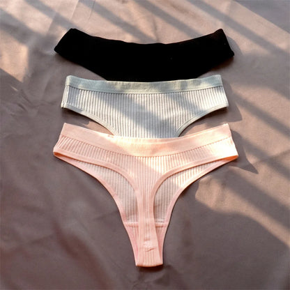 Cotton Ribbed Thong 3PCS Women's Seamless Low Rise G String