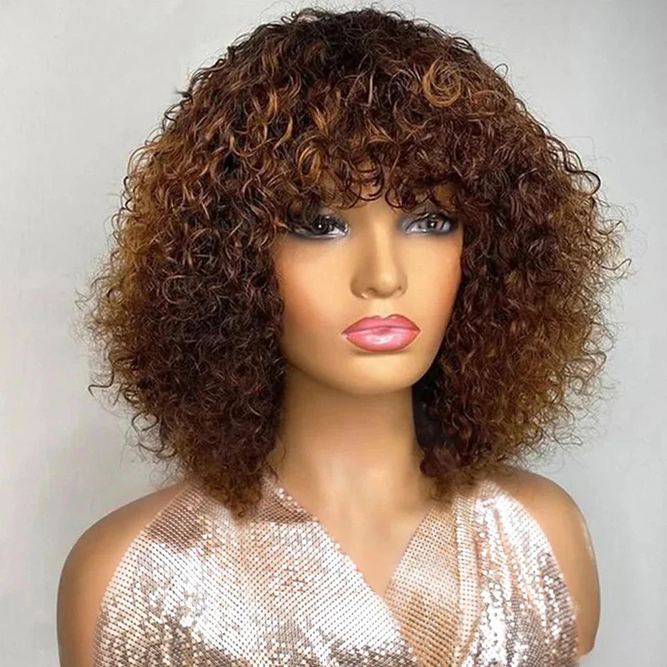 Pixie Bob Human Hair Wig with Bangs Honey Blonde Jerry Curly
