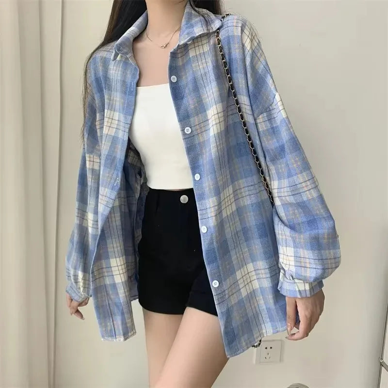 Plaid Shirt Women Long Sleeve Loose Check Button Down Blouse