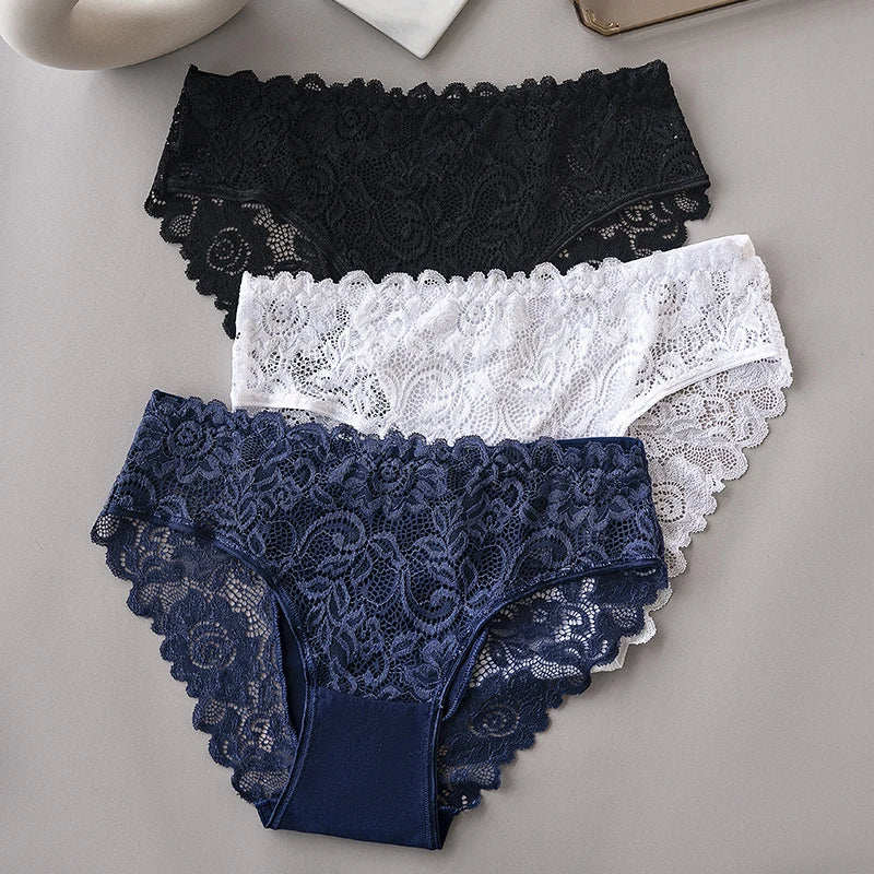 Lace Cotton Panties 3PCS Floral Embroidered Women's Briefs