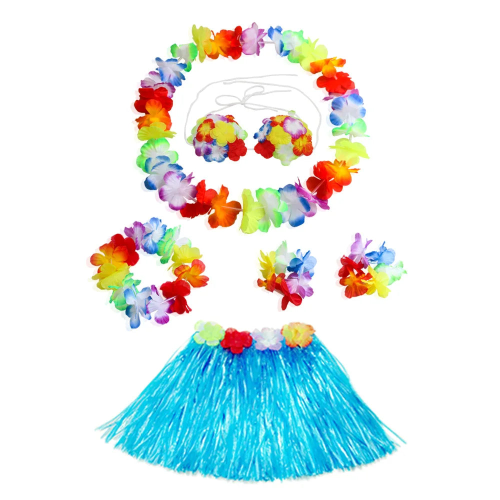 Hawaiian Luau Costume Set with Grass Skirt & Flower Leis