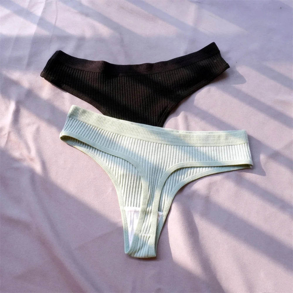 Cotton Ribbed Thong 3PCS Women's Seamless Low Rise G String